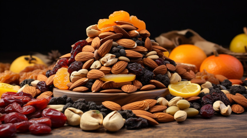 A bounty of almonds and dried fruits A bounty of almonds and dried fruits, dry fruits mix image