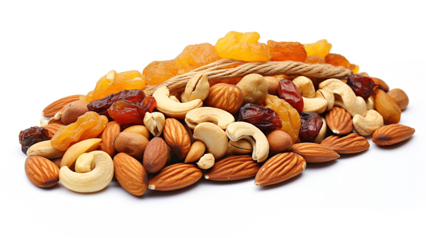 Variety of dried fruits and nuts on white Variety of dried fruits and nuts on white, dry fruits mix image