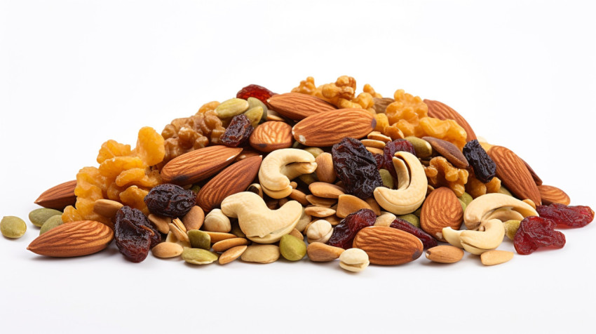 Heap of dried fruits and nuts on white Heap of dried fruits and nuts on white, dry fruits mix image