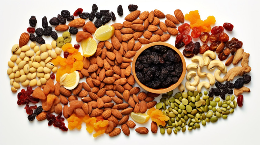 mix dry fruits of nuts and seeds on a white background mix dry fruits of nuts and seeds on a white background