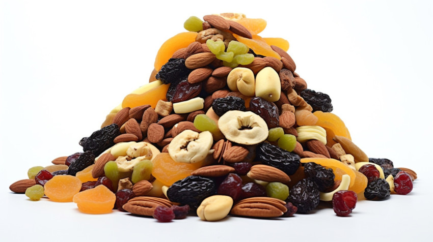 A pile of dried fruits and nuts are shown white background A pile of dried fruits and nuts are shown white background, dry fruits mix image