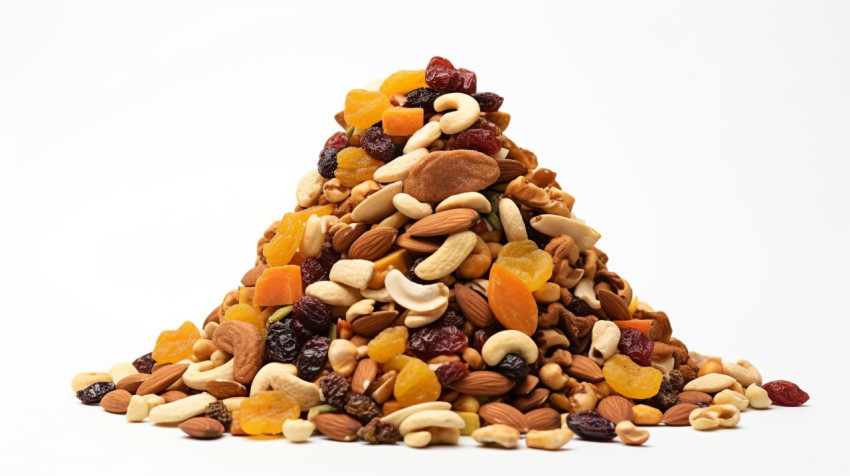 Pile of dried fruits and nuts on white background Pile of dried fruits and nuts on white background, dry fruits mix image