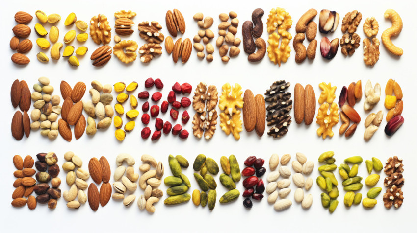 Different types of nuts with different colors on white backgroun Different types of nuts with different colors on white background, dry fruits mix image