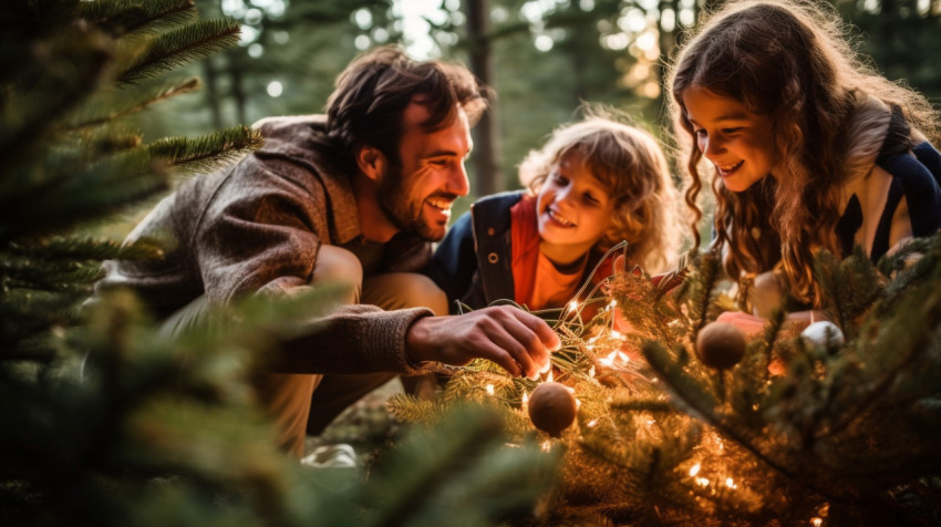 A family decorating a christmas tree in the forest A family decorating a christmas tree in the forest, christmas stock image ai, christmas stock photos ai
