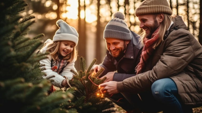 Family enjoys christmas tree decorating in the forest Family enjoys christmas tree decorating in the forest, christmas stock image ai, christmas stock photos ai