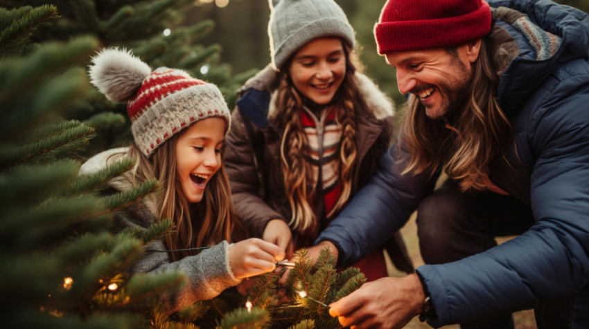 Children help decorate christmas tree in snowy forest Children help decorate christmas tree in snowy forest, christmas stock image ai, christmas stock photos ai