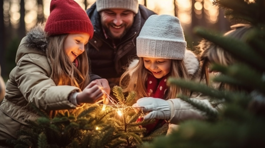 Grandparents and Grandchildren Decorate Christmas Tree in Forest Grandparents and Grandchildren Decorate Christmas Tree in Forest
