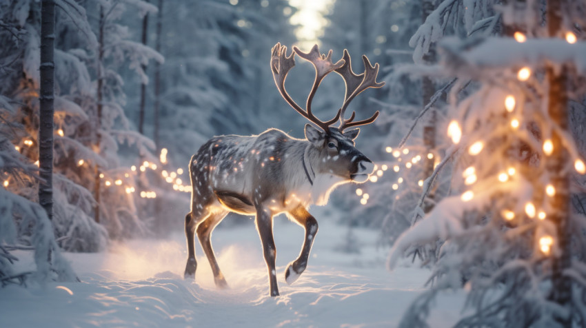 Photo of a reindeer running through the forest Photo of a reindeer running through the forest, christmas stock image ai, christmas stock photos ai