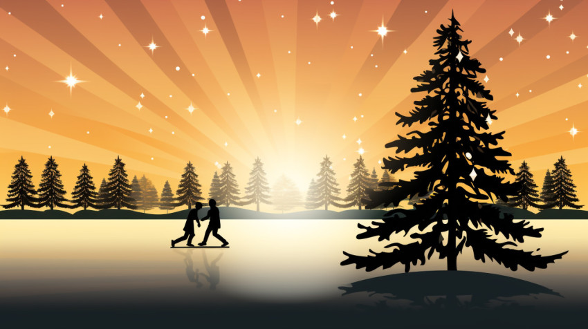 Young ice skaters glide across frozen lake in beautiful winter l Young ice skaters glide across frozen lake in beautiful winter landscape, christmas stock image ai, christmas stock photos ai