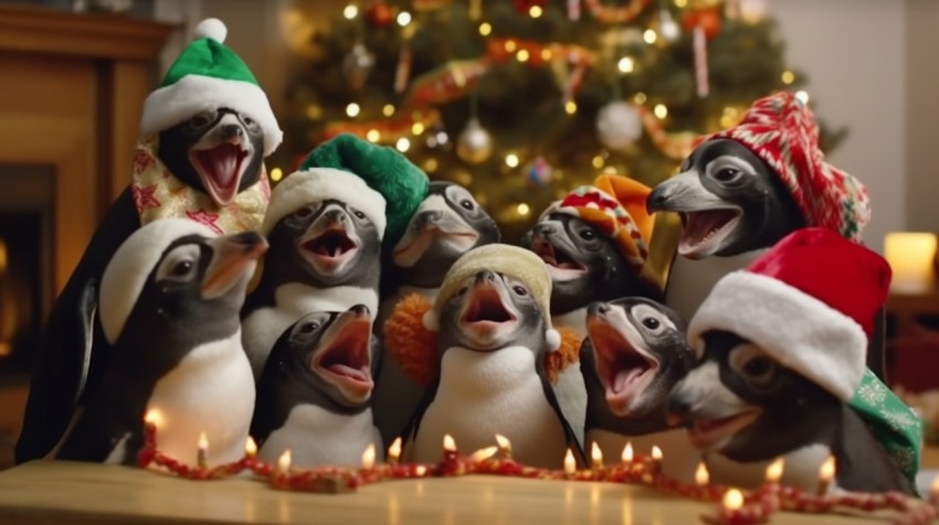 Group of penguins gathered around a christmas Group of penguins gathered around a christmas , christmas stock image ai, christmas stock photos ai
