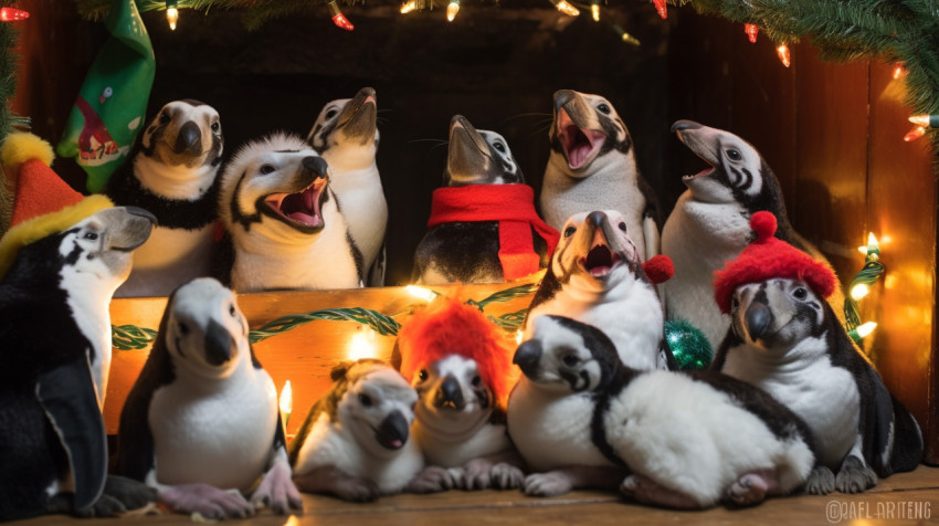 Penguins enjoying a winter wonderland Penguins enjoying a winter wonderland, christmas stock image ai, christmas stock photos ai