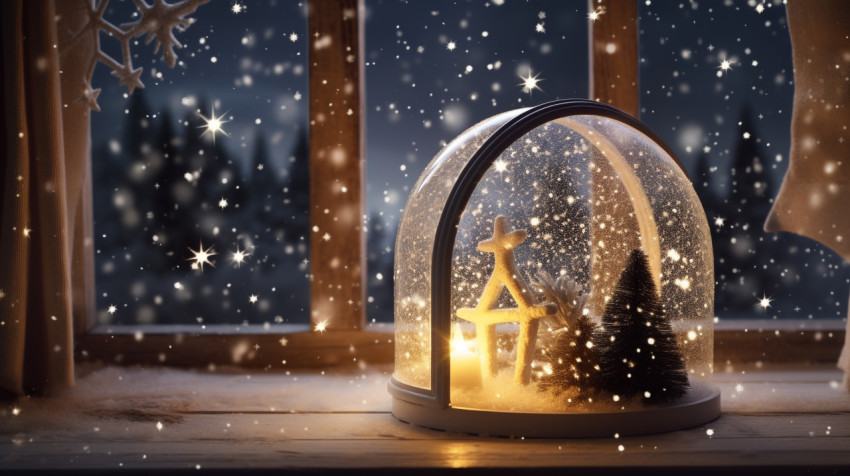 Starry snow globe on windowsill Starry snow globe on windowsill, christmas stock image ai, christmas stock photos ai