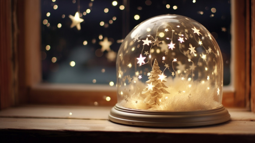 Magical snow globe on a windowsill Magical snow globe on a windowsill, christmas stock image ai, christmas stock photos ai