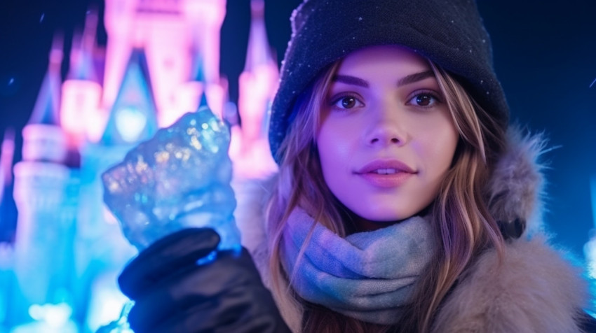 Woman holding lantern in front of mystical ice castle Woman holding lantern in front of mystical ice castle, christmas stock image ai, christmas stock photos ai