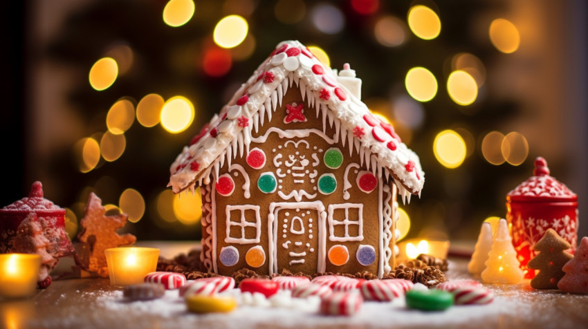 Close-up of a gingerbread house with intricate details Close-up of a gingerbread house with intricate details, christmas stock image ai, christmas stock photos ai