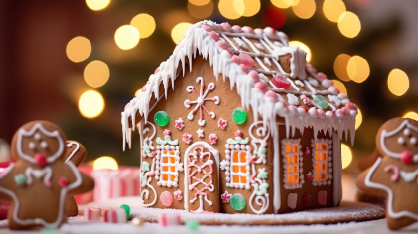 Detailed gingerbread house with colorful icing Detailed gingerbread house with colorful icing, christmas stock image ai, christmas stock photos ai