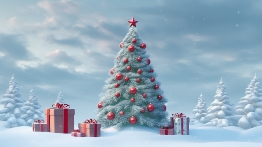 Snowy christmas tree with presents Snowy christmas tree with presents, christmas stock image ai, christmas stock photos ai