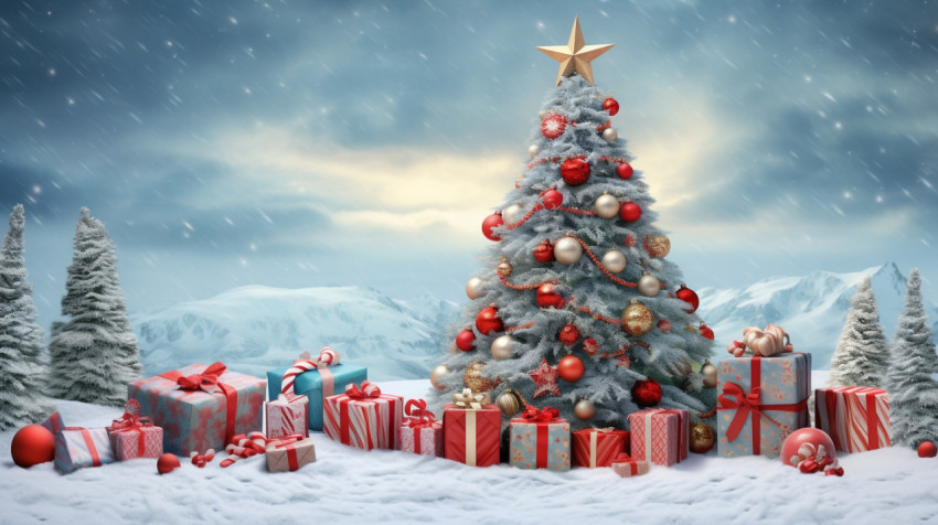 A christmas tree surrounded by gifts and snow A christmas tree surrounded by gifts and snow, christmas stock image ai, christmas stock photos ai