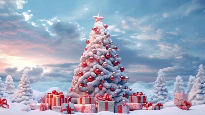 A christmas tree full of gifts and snow A christmas tree full of gifts and snow, christmas stock image ai, christmas stock photos ai