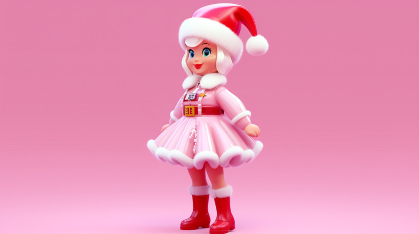 Doll in a santa claus costume standing on a pink background Doll in a santa claus costume standing on a pink background, christmas stock image ai, christmas stock photos ai