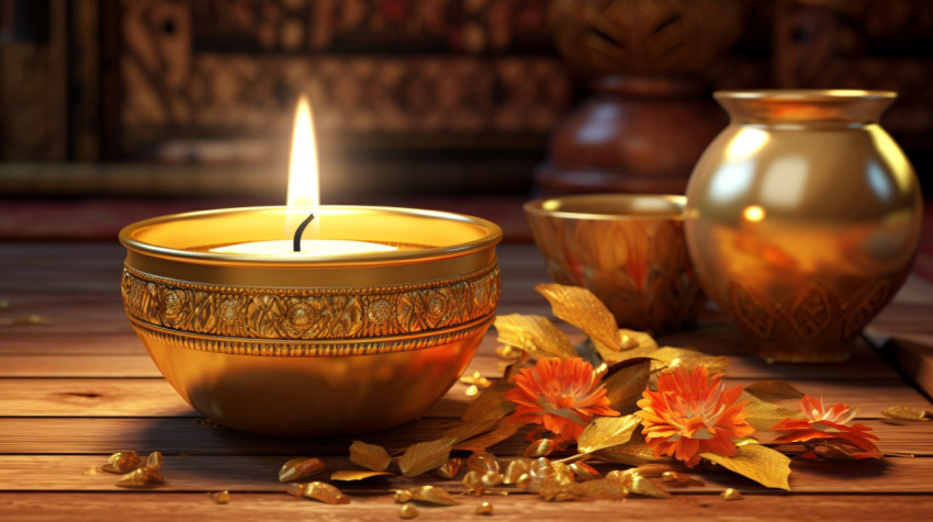 Beautiful gold candle and candle in gold pot on a wooden table Beautiful gold candle and candle in gold pot on a wooden table, diwali festival stock image, diwali festival ai prompt