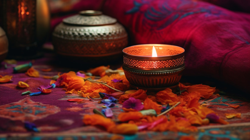Candlelit decor on rustic floo Candlelit decor on rustic floo, diwali festival stock image, diwali festival ai prompt