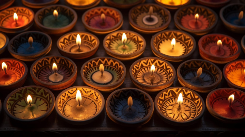 Candles were lit inside trays of clay dishes in india Candles were lit inside trays of clay dishes in india, diwali festival stock image, diwali festival ai prompt