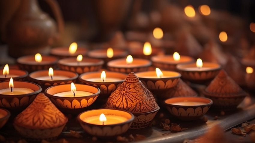 Candles in clay dishes for worship in india Candles in clay dishes for worship in india, diwali festival stock image, diwali festival ai prompt