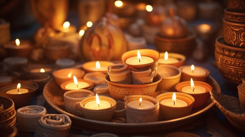Candles cast a warm glow on clay dishes in india Candles cast a warm glow on clay dishes in india, diwali festival stock image, diwali festival ai prompt