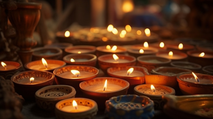 Lit candles in clay trays create a serene scene in india Lit candles in clay trays create a serene scene in india, diwali festival stock image, diwali festival ai prompt