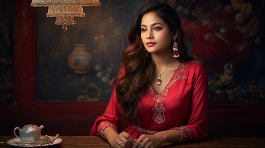 Fashionable young woman in traditional red blouse Fashionable young woman in traditional red blouse, diwali festival stock image, diwali festival ai prompt