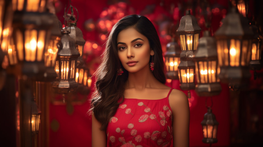 Mysterious young woman in red traditional dress Mysterious young woman in red traditional dress, diwali festival stock image, diwali festival ai prompt