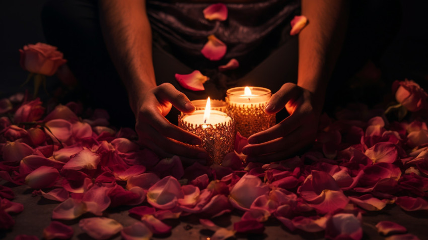 A hand holding a two lit candles while laying on top of petals A hand holding a two lit candles while laying on top of petals, diwali festival stock image, diwali festival ai prompt