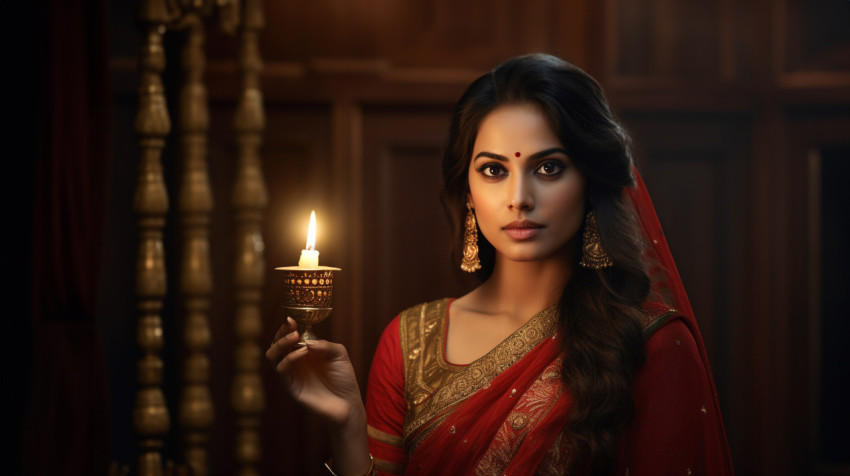 a lady dressed up in a red sari holding a lit lamp a lady dressed up in a red sari holding a lit lamp