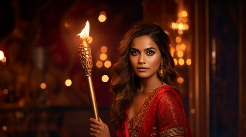 Young lady with torch illuminates lamp Young lady with torch illuminates lamp, diwali festival stock image, diwali festival ai prompt