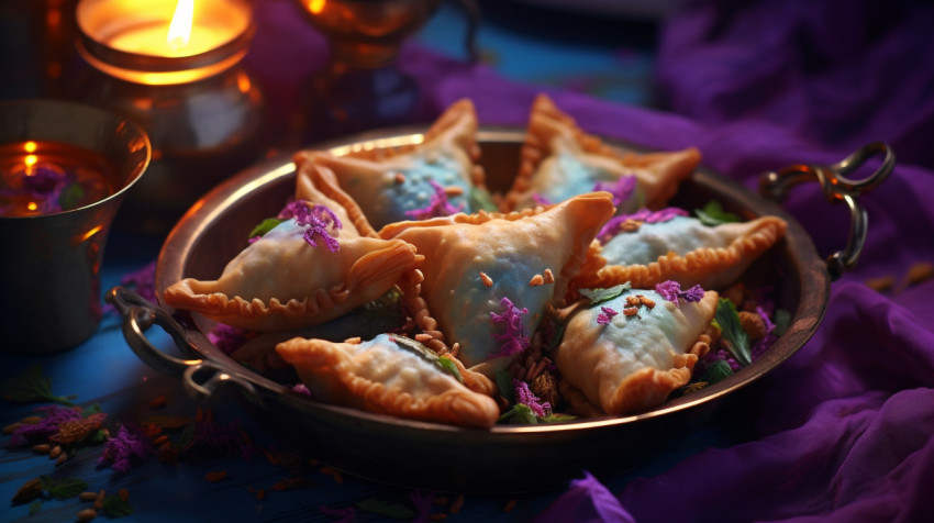 Methi samosa curry in a golden batter Methi samosa curry in a golden batter, diwali festival stock image, diwali festival ai prompt