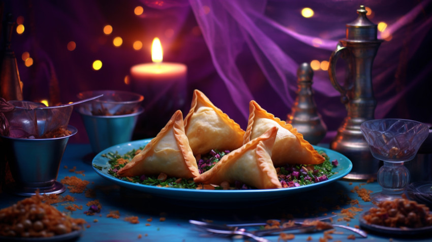 Delicious samosa curry with methi Delicious samosa curry with methi, diwali festival stock image, diwali festival ai prompt