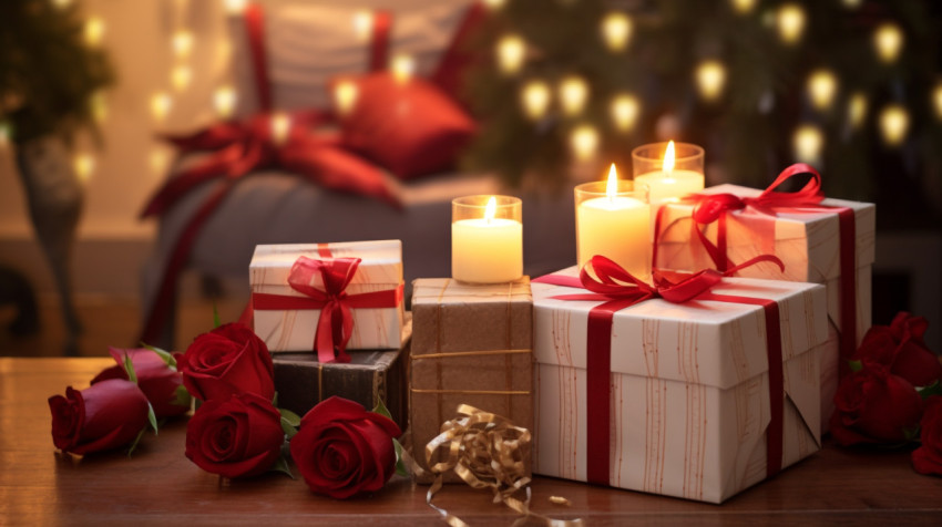Wooden boxes with red ribbons and candles Wooden boxes with red ribbons and candles, diwali festival stock image, diwali festival ai prompt