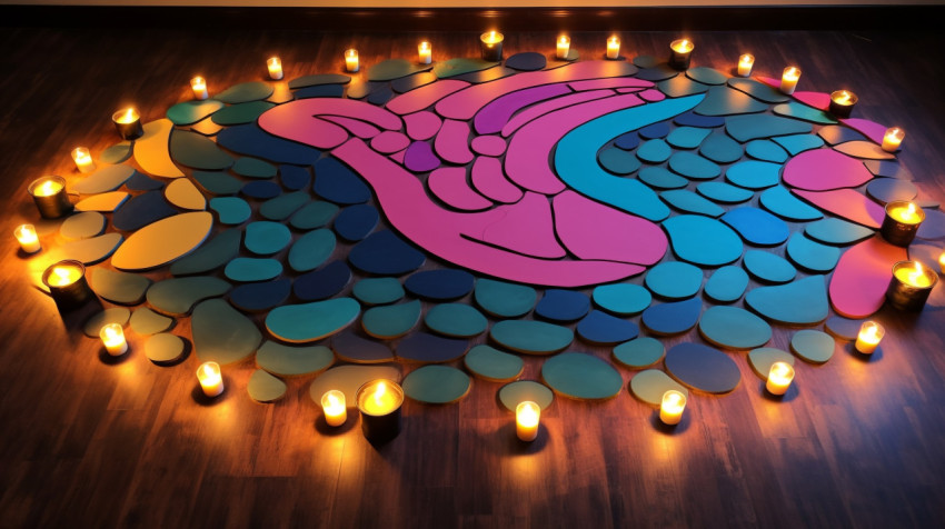 A rangoli with candles on top of them A rangoli with candles on top of them, diwali festival stock image, diwali festival ai prompt