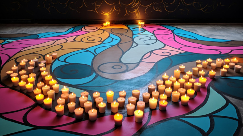 Rangoli with candles in a garden Rangoli with candles in a garden, diwali festival stock image, diwali festival ai prompt