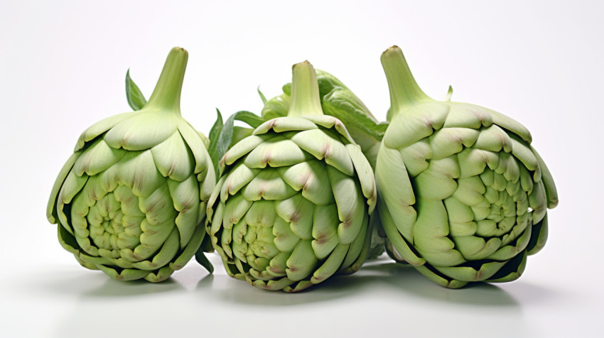Three artichokes sitting on a white surface Three artichokes sitting on a white surface, artichoke image