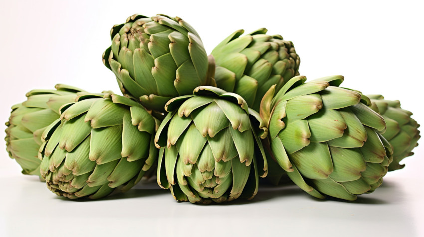 Several green artichokes on a white surface Several green artichokes on a white surface, artichoke image