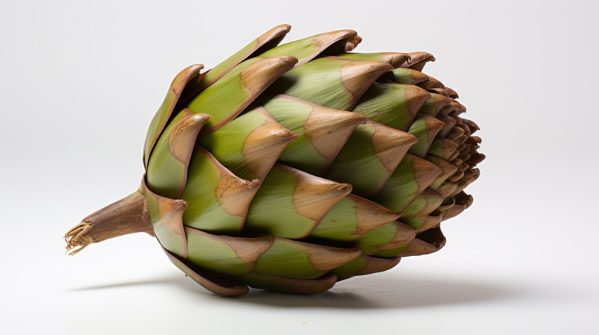 An artichoke is shown up close on a white surface An artichoke is shown up close on a white surface, artichoke image
