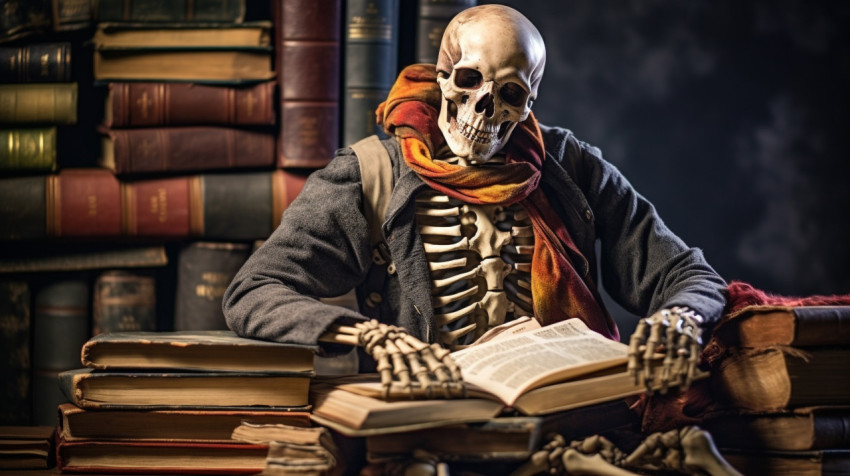 skeleton sitting on top of some books skeleton sitting on top of some books