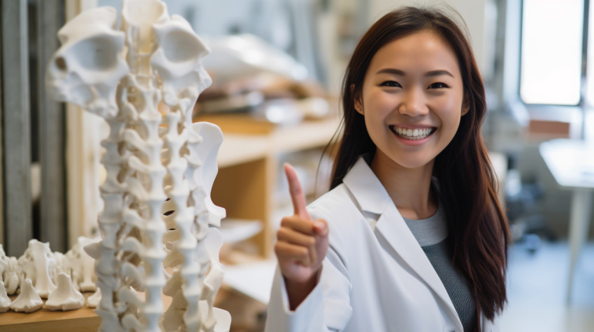 An asian doctor is showing her thumbs up An asian doctor is showing her thumbs up, human bone image