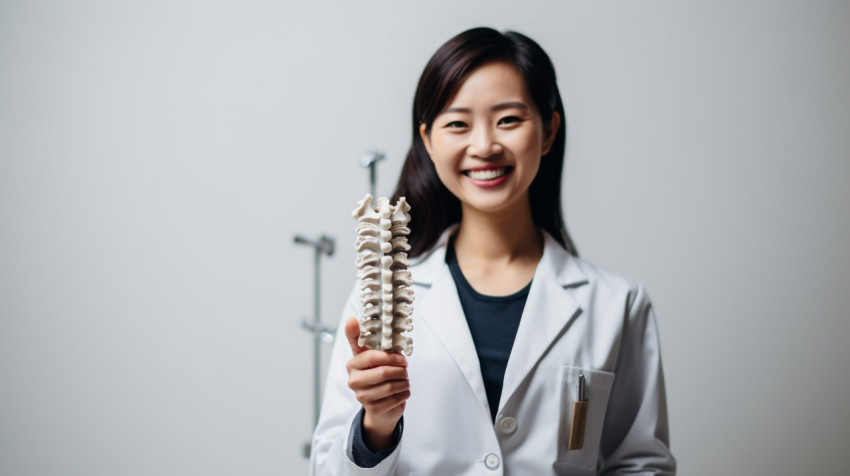 Asian doctor shows thumbs up with spine model Asian doctor shows thumbs up with spine model, human bone image