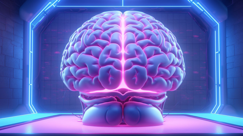 A diagram of the brain with neon lights in the background A diagram of the brain with neon lights in the background, human brain image