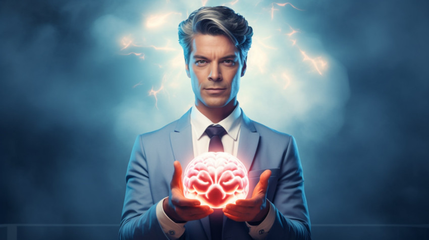 The nimble business executive poses with a lighted brain The nimble business executive poses with a lighted brain, human brain image