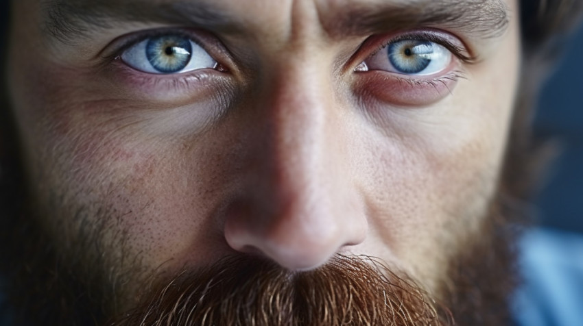 Striking blue-eyed man with a full beard Striking blue-eyed man with a full beard, men eyes close up image