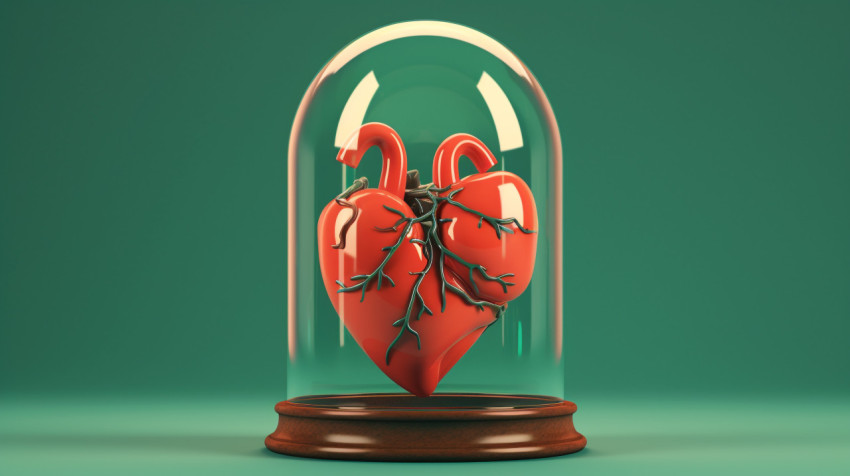 A red heart shaped glass dome A red heart shaped glass dome, human heart image